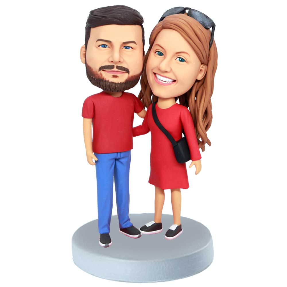 Custom Sweet Couple Bobbleheads In Red Clothes