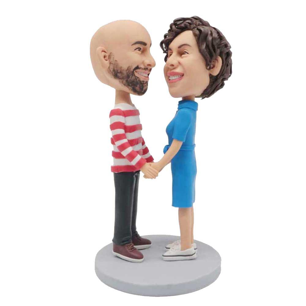 Custom Sweet Couple Bobbleheads Looking At Each Other And Hand In Hand
