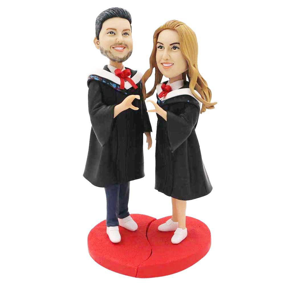 Custom Sweet Graduation Couple Bobbleheads In Black Gown