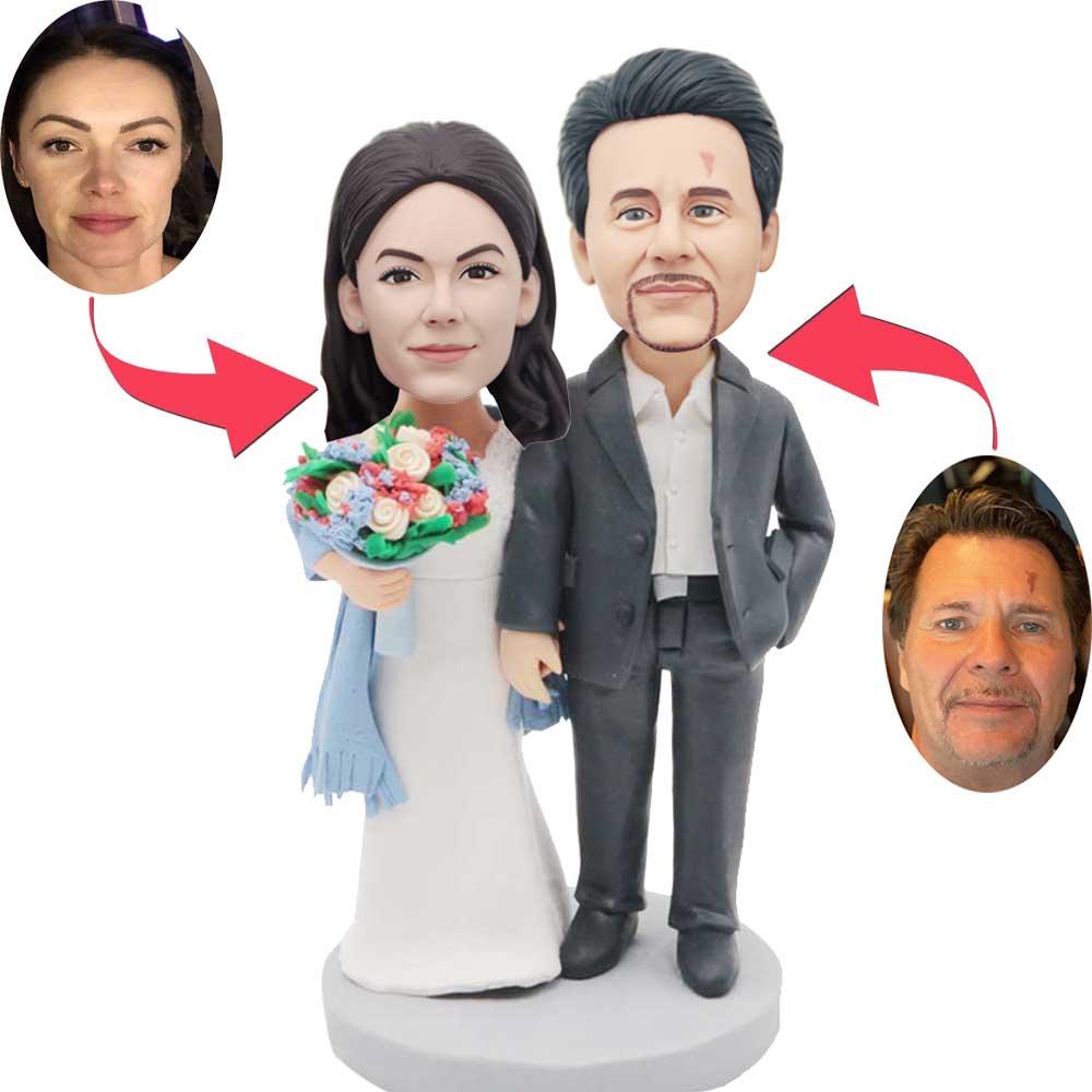 Custom Wedding Bobbleheads Bride Holding Bouquet