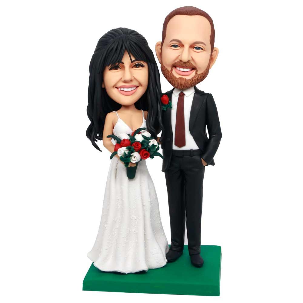 Custom Wedding Bobbleheads Cake Topper Holding A Bouquet Of Flowers