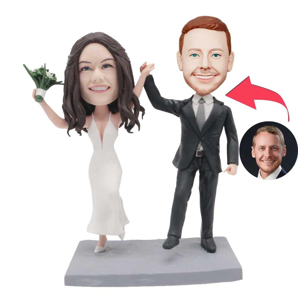 Custom Wedding Bobbleheads Couple In Black Suit And White Fishtail Skirt