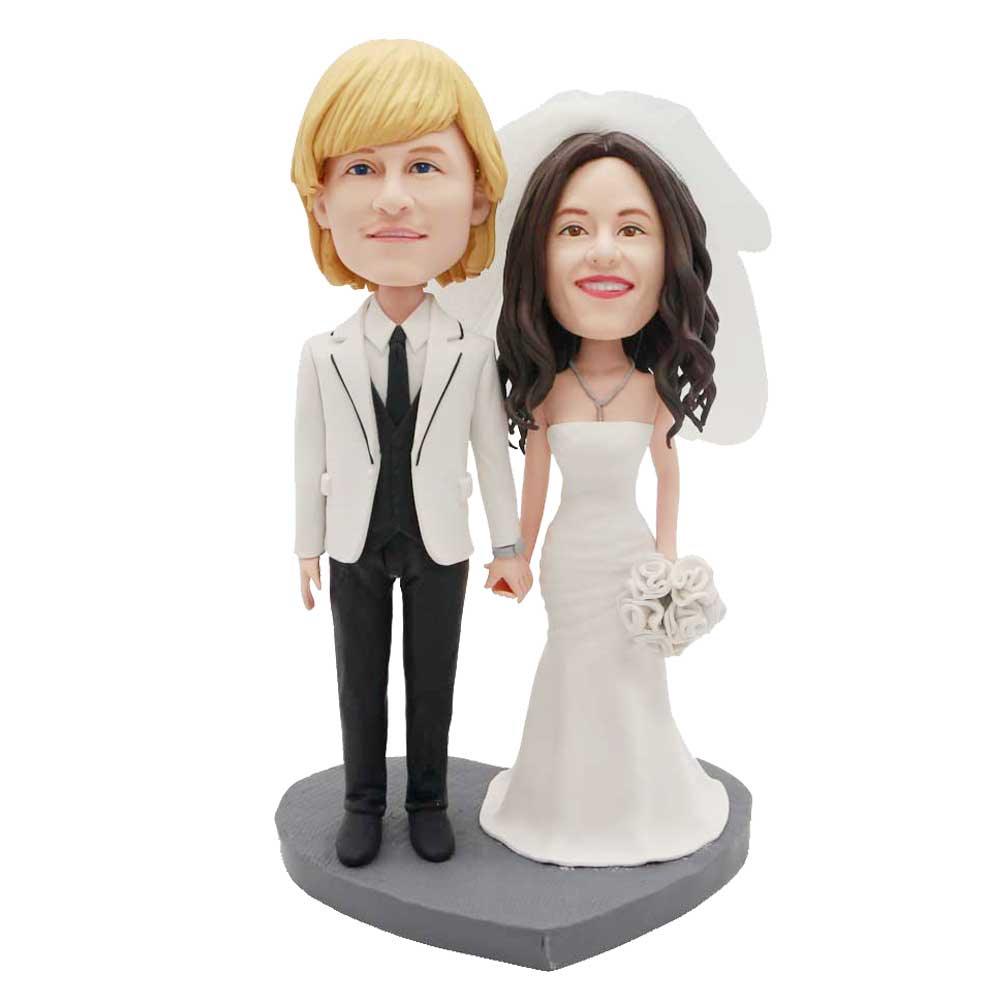 Custom Wedding Bobbleheads Hand in Hand With Veil