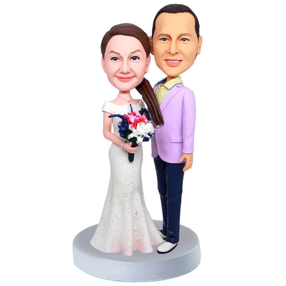 Custom Wedding Bobbleheads In Wedding Dress And Purple Suit Cake Topper