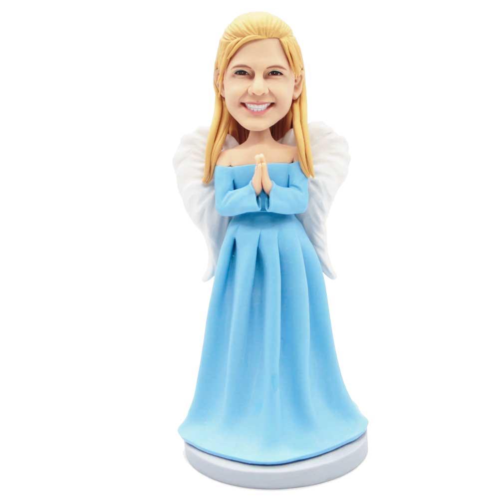 Mother’s Day Gifts Custom Beautiful Female Bobbleheads In Blue Dress With A Pair Of Wings