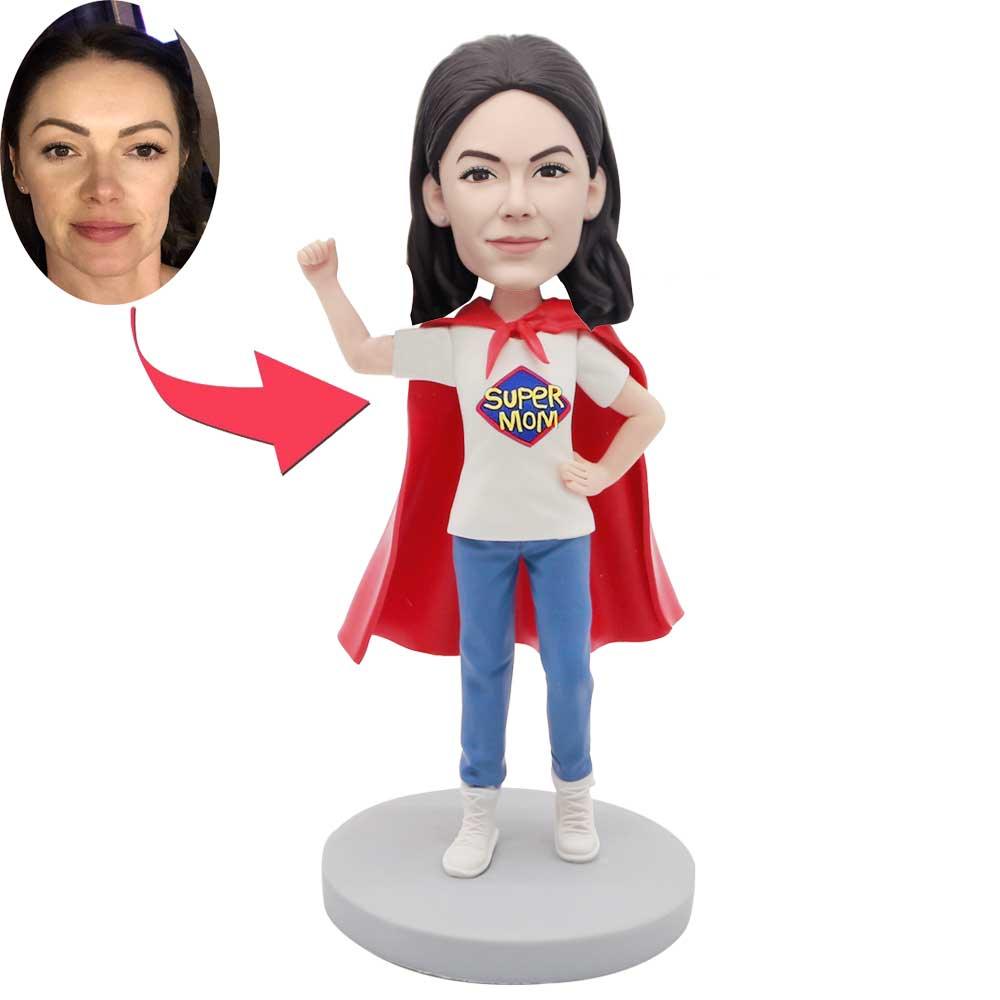 Mother’s Day Gifts Custom Superhero Super Mom Bobbleheads In Red Cape Hero