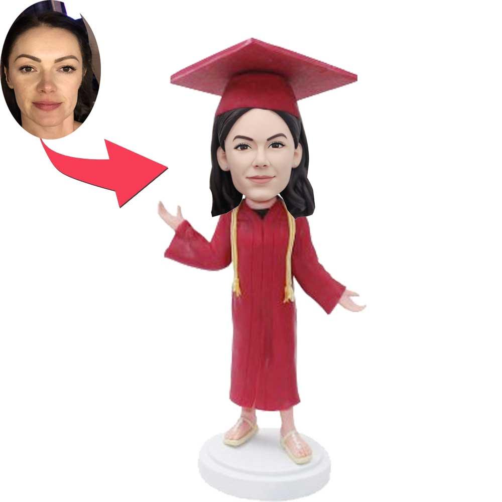 Custom Female Graduation Bobbleheads In Red Gown And Cap